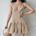  Model daily outfit shot, matte nude velvet corset mini dress, plunge sweetheart V thin strap design, styled with oversized pearl heart pendant necklace & rattan mini handbag, soft feminine date look