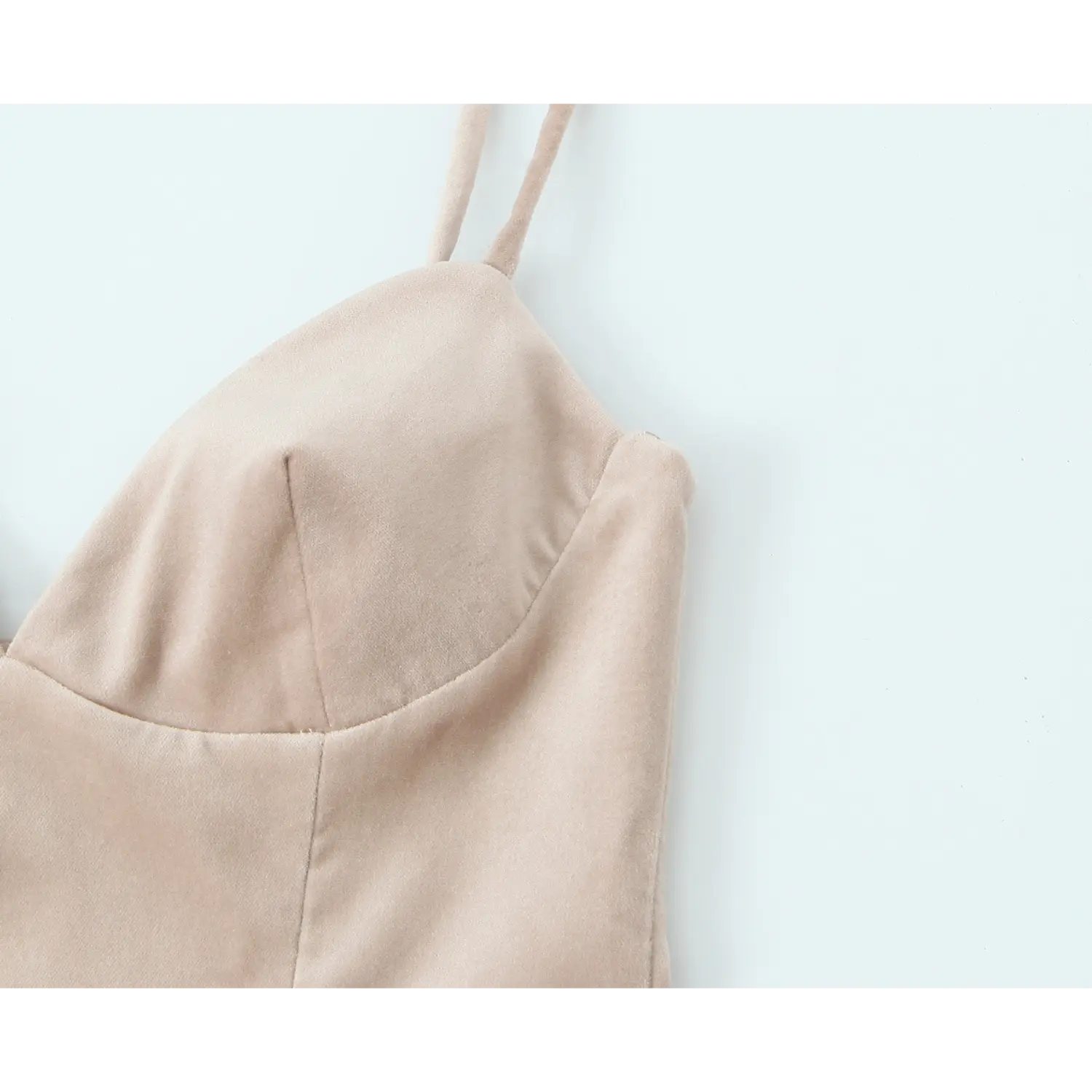 Partial upper front shot, ultra thin self-fabric spaghetti straps, molded sweetheart cup darts, matte velvet folded binding