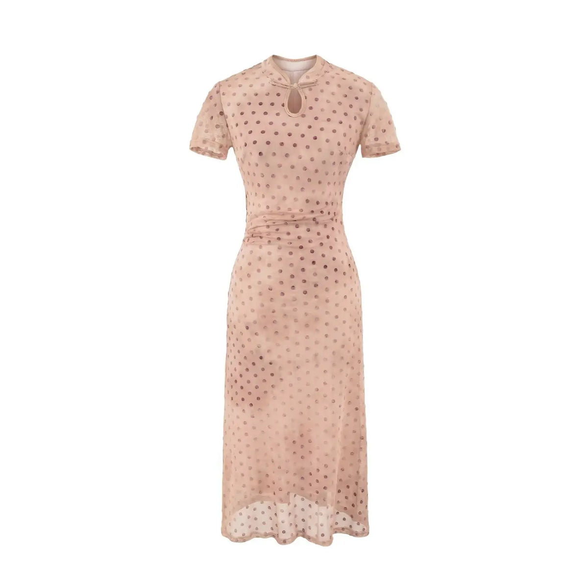 Front full view of nude pink polka dot cheongsam‑style maxi dress with short sleeves