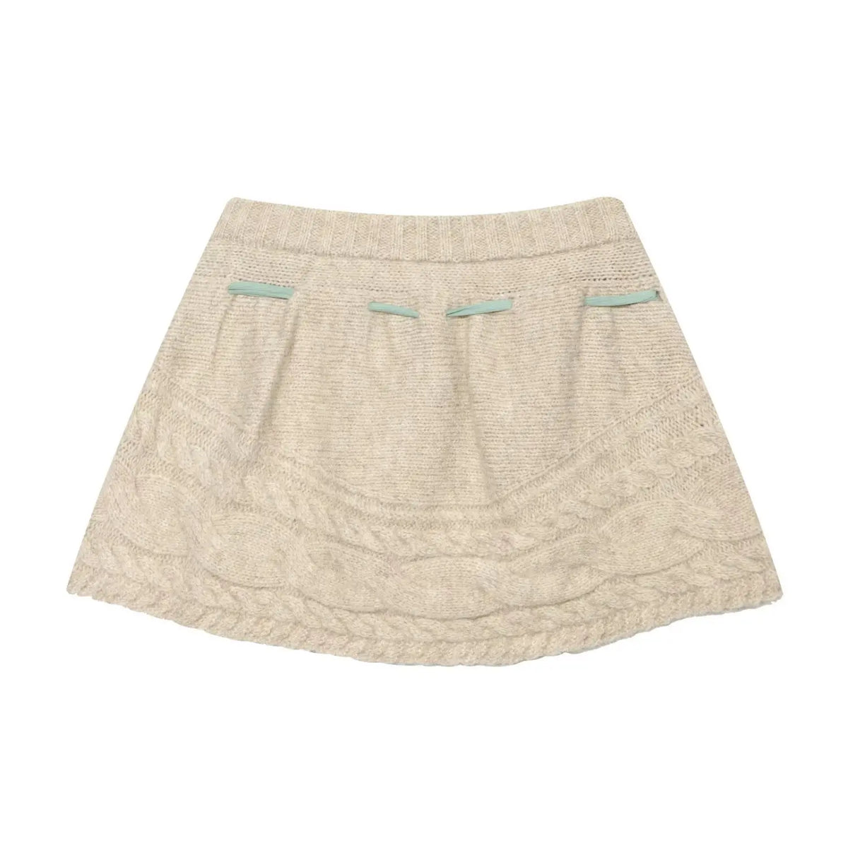 Oat cable knit mini skort, back view with mint green ribbon trim, high waist ladies knit skort