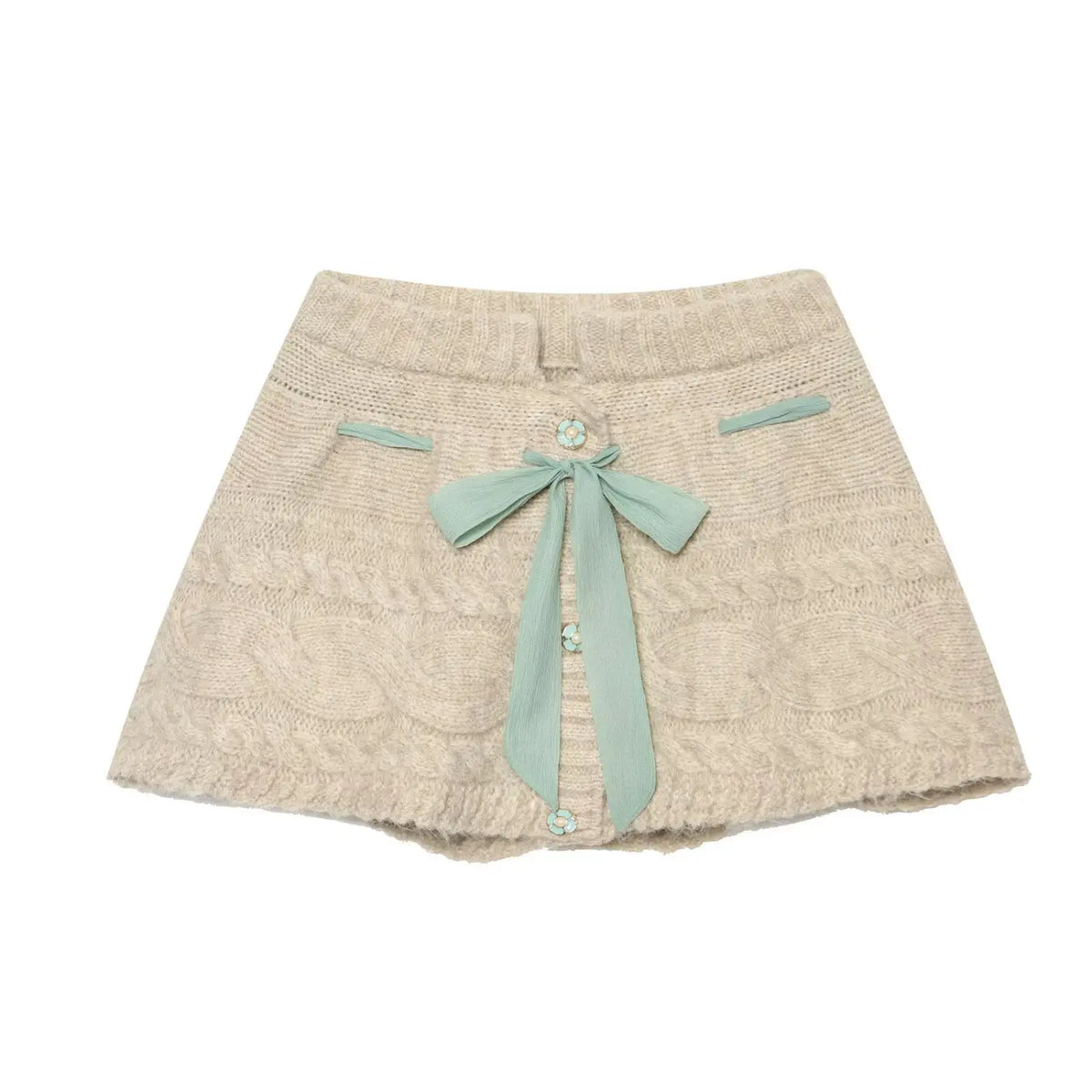 Oat cable knit mini skort, front view with mint green chiffon bow and floral pearl buttons, women cute knit skort