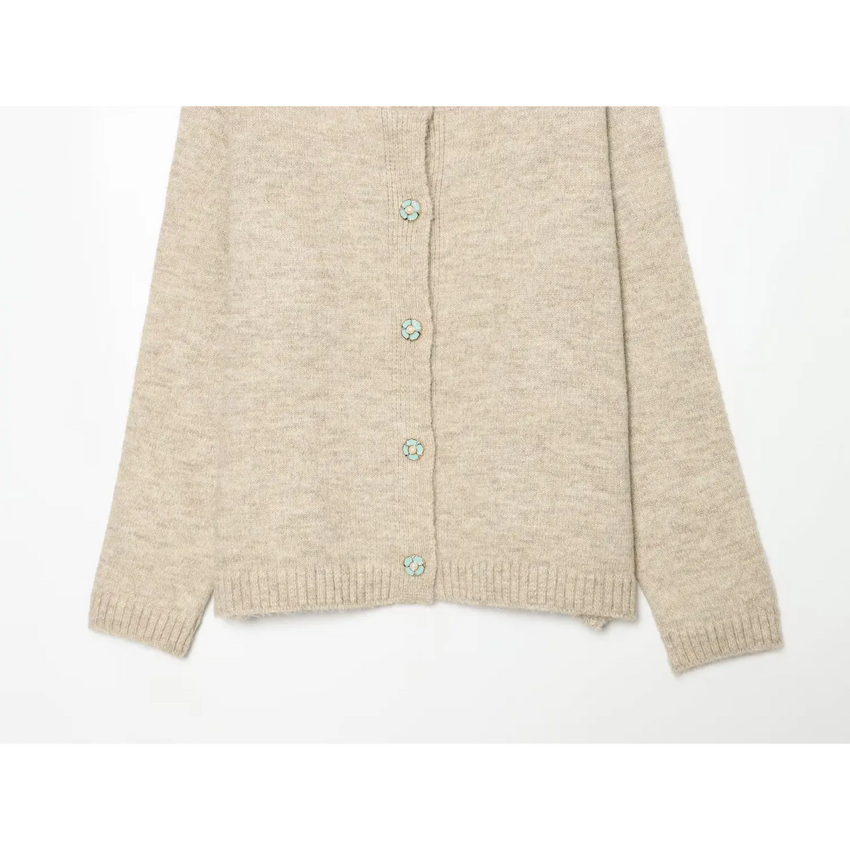 Vertical front placket detail of oat knit cardigan, mint flower buttons, ribbed hem