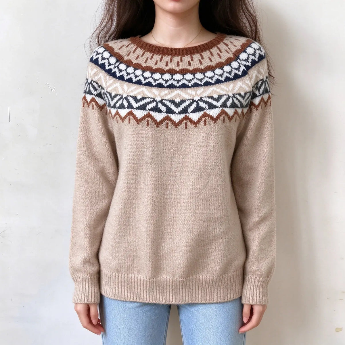 Female model wears oat beige fairisle pullover, vintage geometric jacquard on yoke, crew neck relaxed fit knit sweater, front