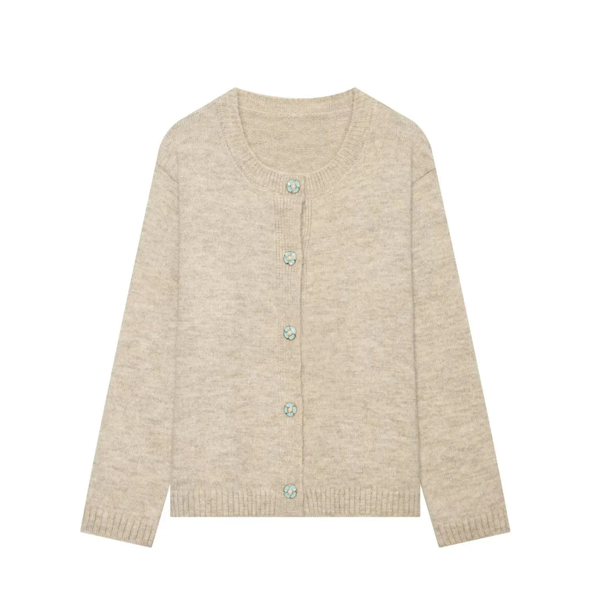 Front view of women oat heather knit cardigan, round neck, floral mint green pearl buttons, long sleeve soft knit sweater