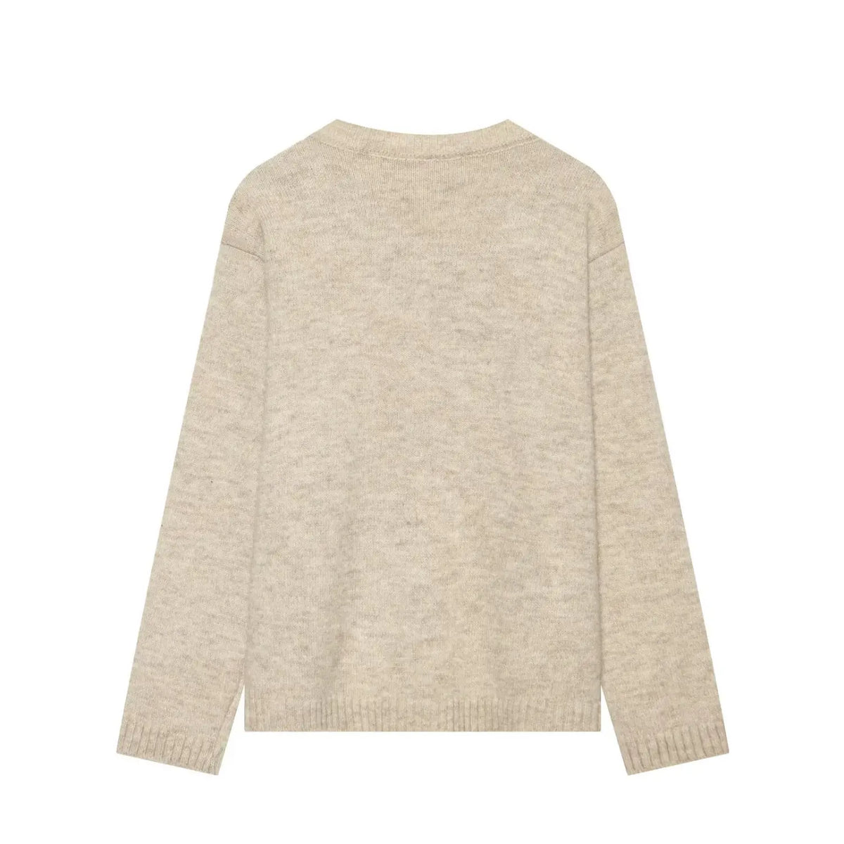 Back view of oat color women knit cardigan, plain soft knit fabric, ribbed hem and crew neck