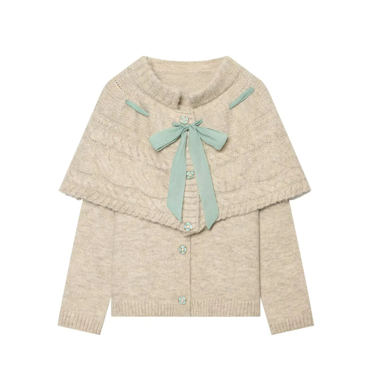 Women oat color knit cardigan with detachable cable knit capelet, light mint green ribbon bow and flower pearl buttons, vintage knit sweater set