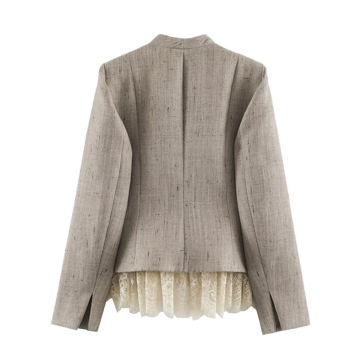 Oatmeal stand collar lace hem jacket, back flat lay