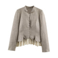 Oatmeal stand collar button front lace hem jacket, front flat lay
