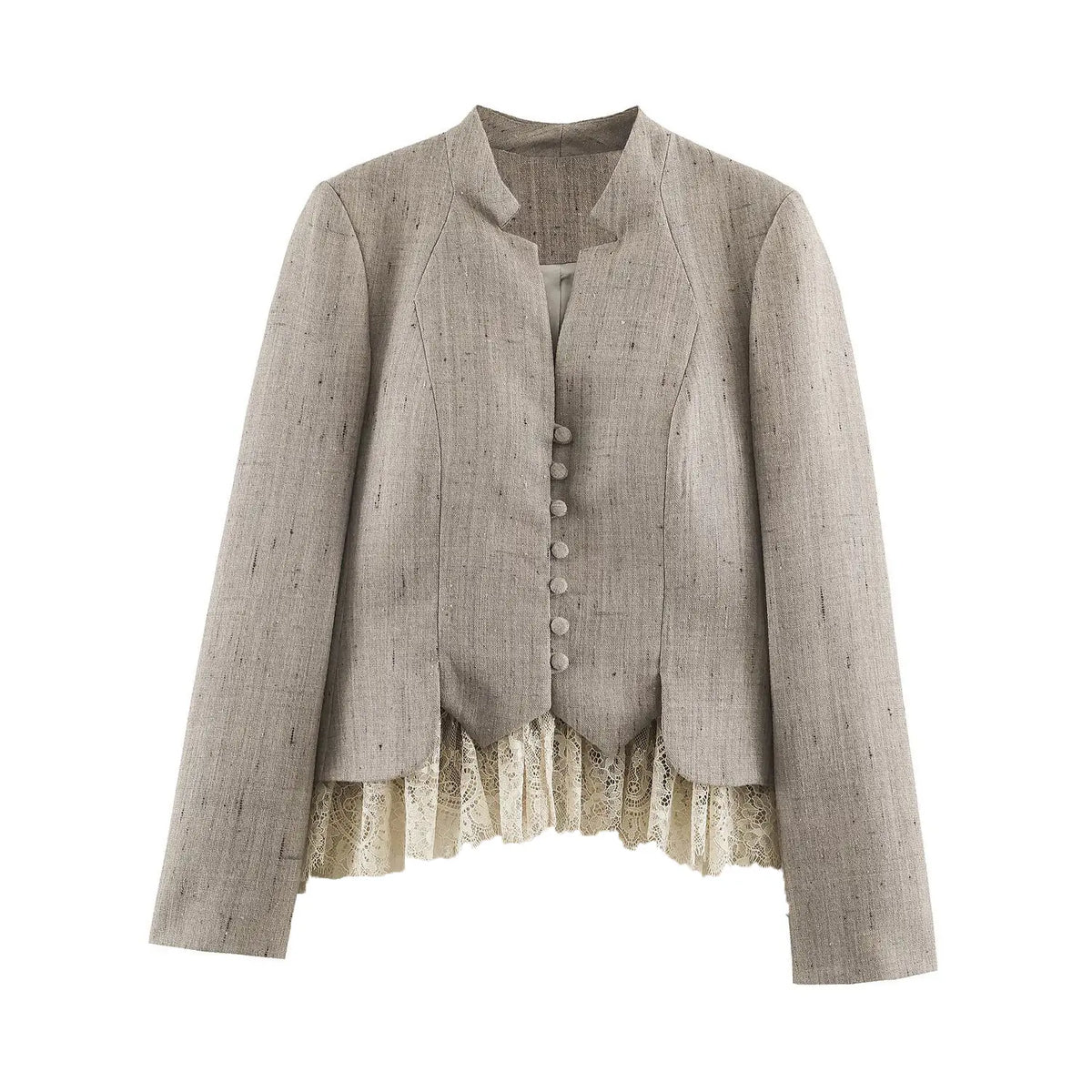 Oatmeal stand collar button front lace hem jacket, front flat lay