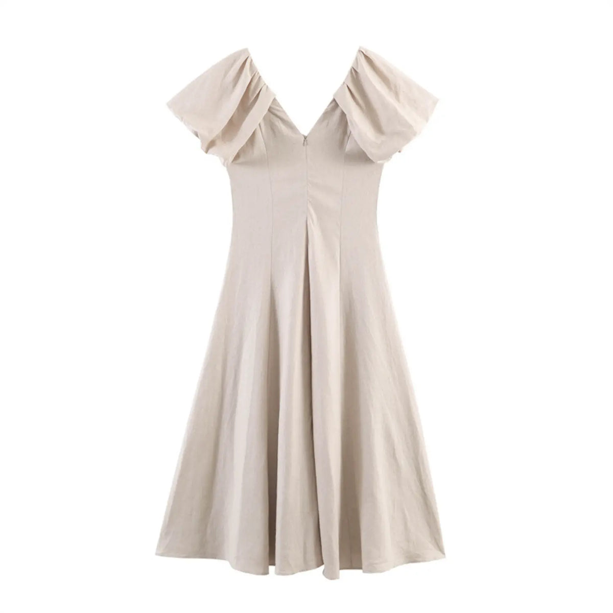 Back flat lay of oatmeal V neck puff sleeve A line maxi dress