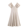 Front flat lay of oatmeal V neck puff sleeve A line maxi dress