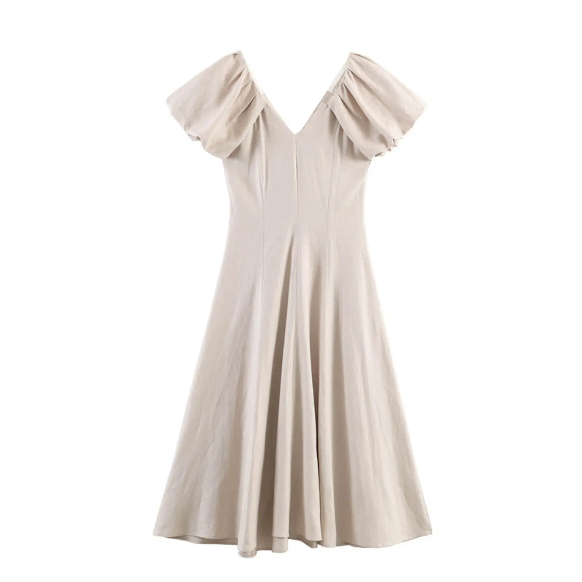 Front flat lay of oatmeal V neck puff sleeve A line maxi dress