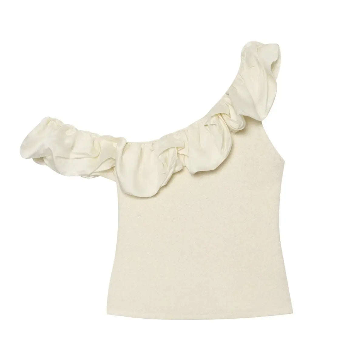 Flat lay cream asymmetrical off shoulder satin ruffle cropped knit top