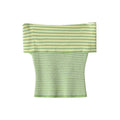 Flat lay fold over off shoulder tri-color striped knit crop top