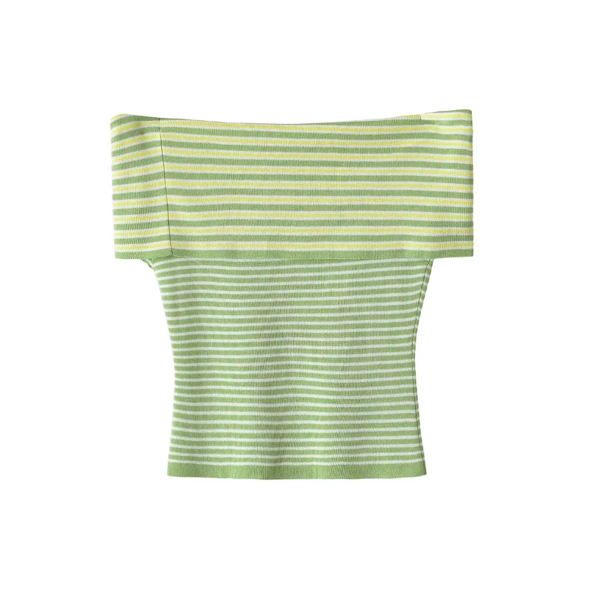 Flat lay fold over off shoulder tri-color striped knit crop top