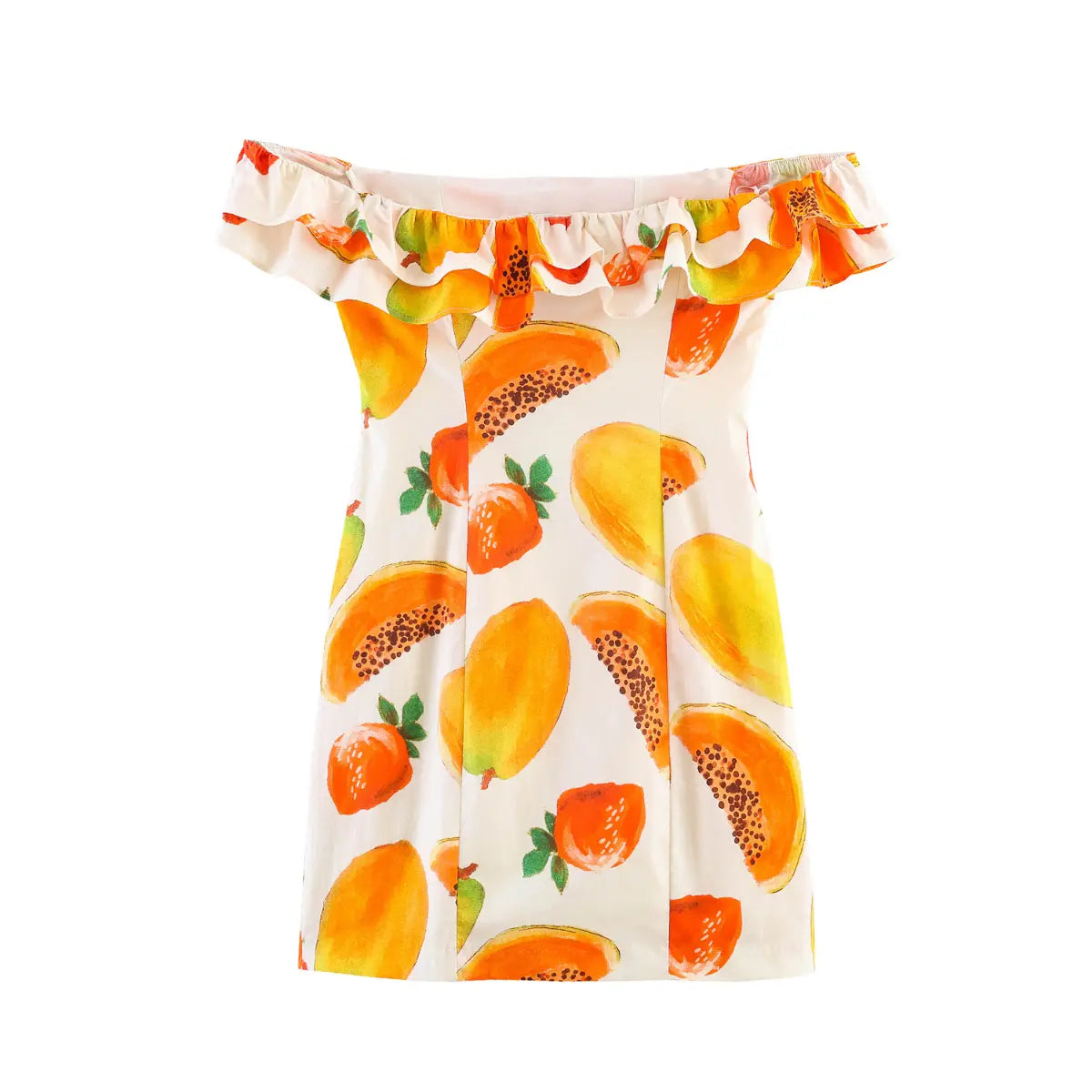 Full back view of off-shoulder fruit print mini dress, showing fitted silhouette and ruffled neckline.