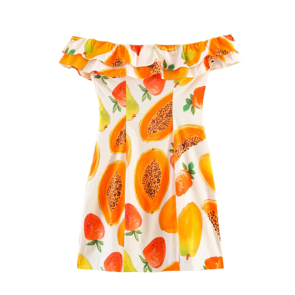 Full front view of off-shoulder fruit print mini dress with ruffled neckline and tropical fruit pattern.