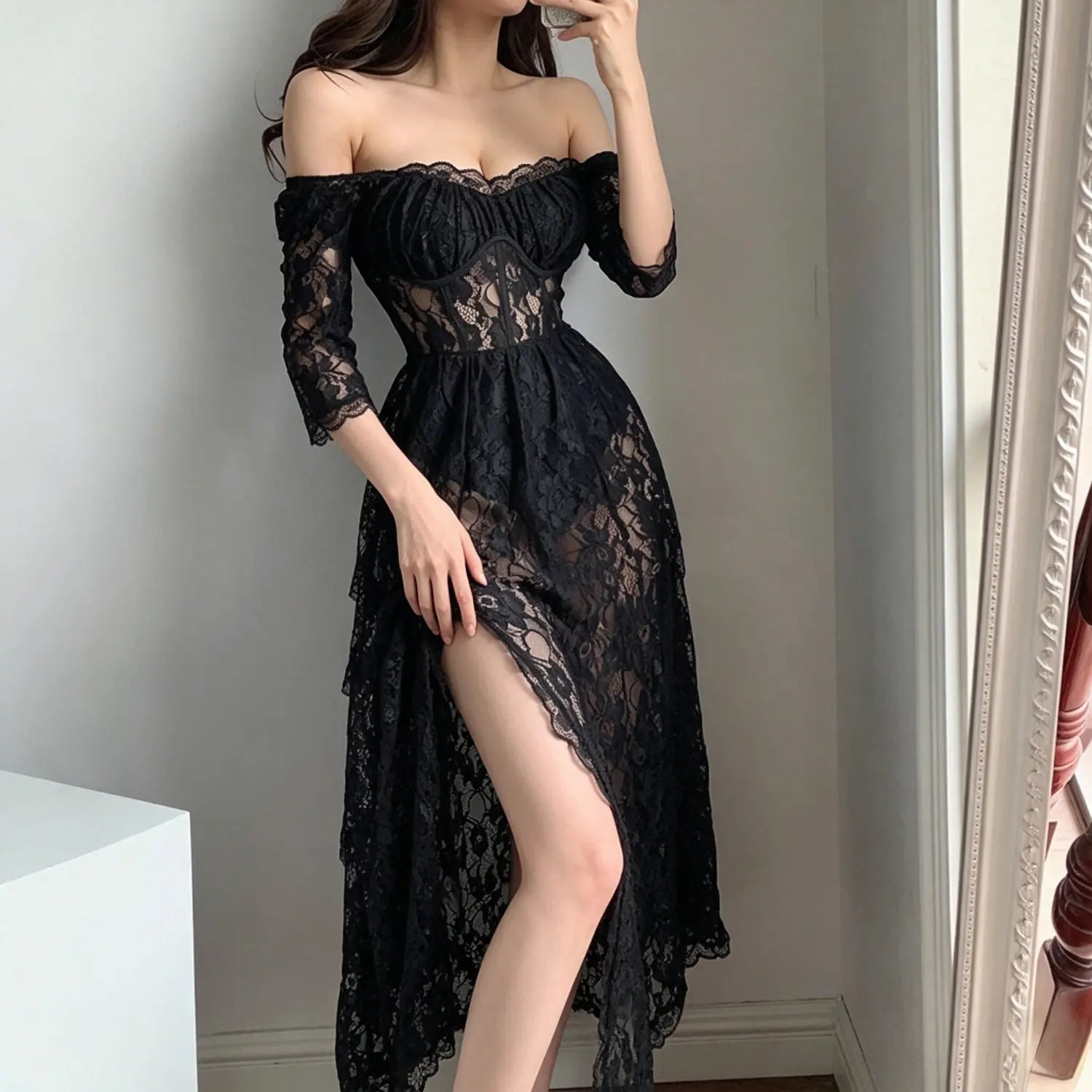 Off shoulder floral lace maxi dress with asymmetrical hem and high thigh slit | Detail