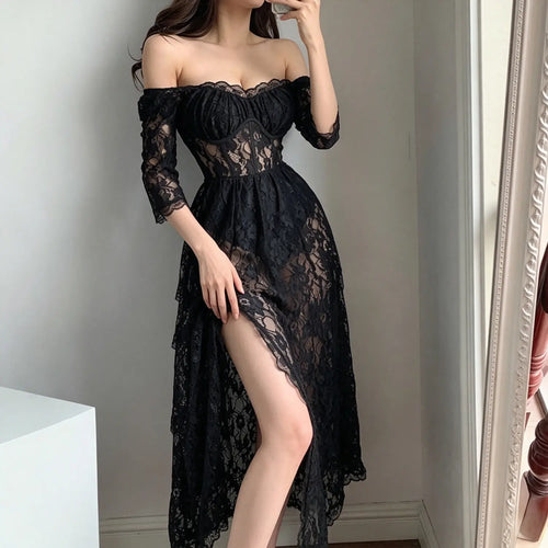 Off shoulder floral lace maxi dress with asymmetrical hem and high thigh slit | Detail