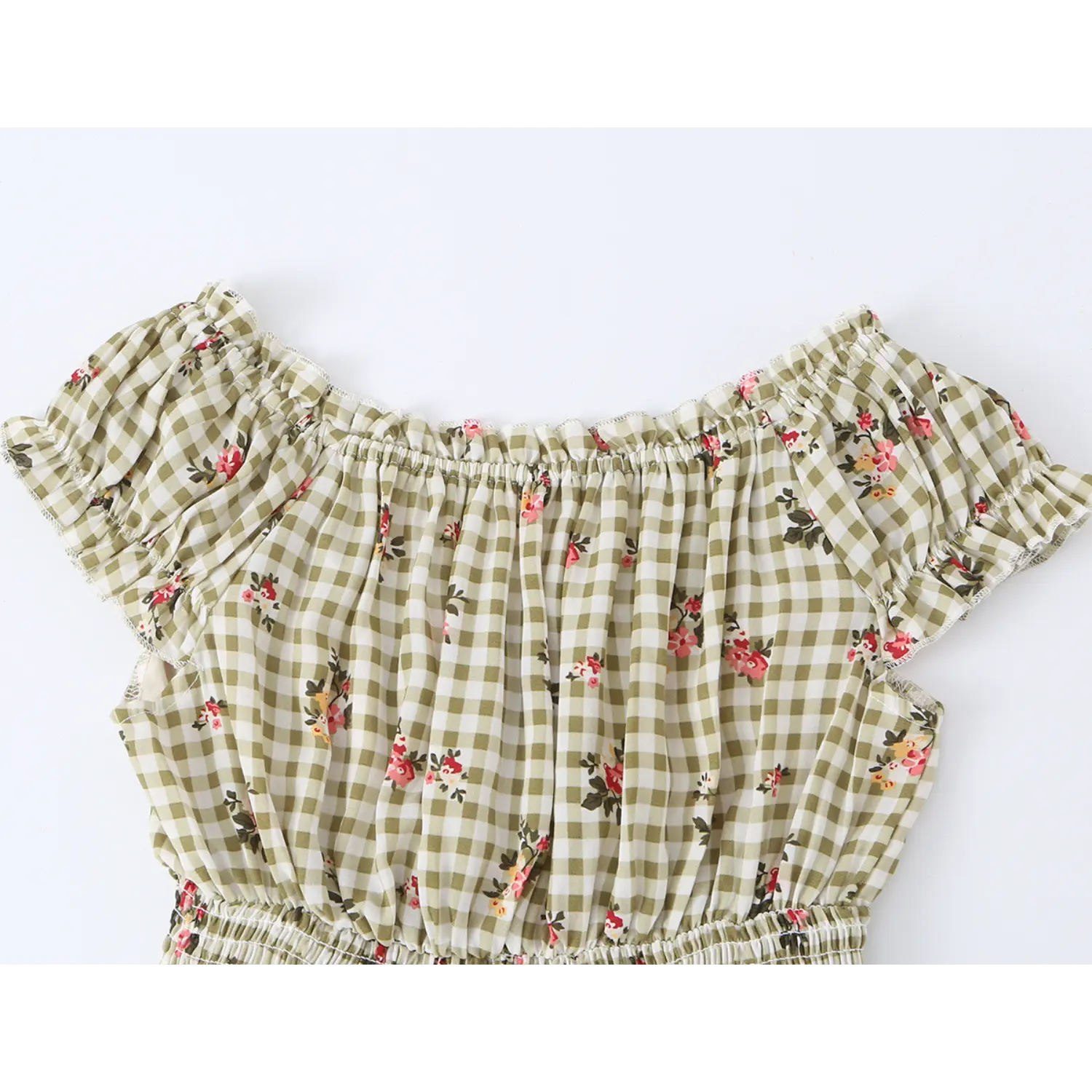 full shot elastic off shoulder square ruffle neck olive gingham rose print sundress frill cap sleeve fabric texture