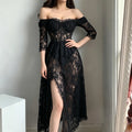 Front pose view off shoulder sheer black lace corset thigh slit maxi dress | Detail