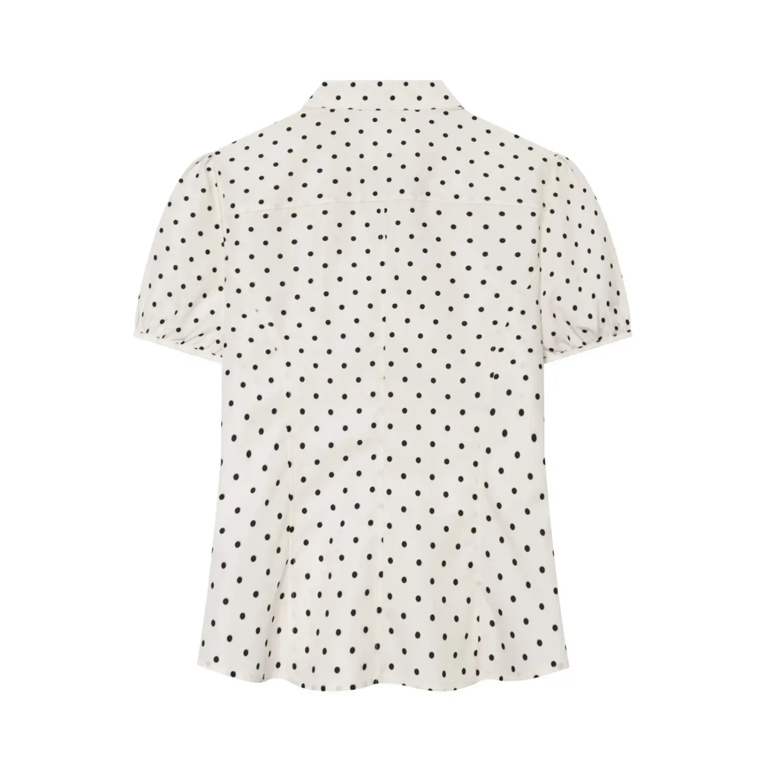 Back flat lay off white polka dot shirt, vertical shaping darts, yoke panel, fitted waist silhouette