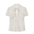 Complete front flat shot off white black polka dot blouse, tie v neck, bust ruched, puff short sleeve, slim tailored fit