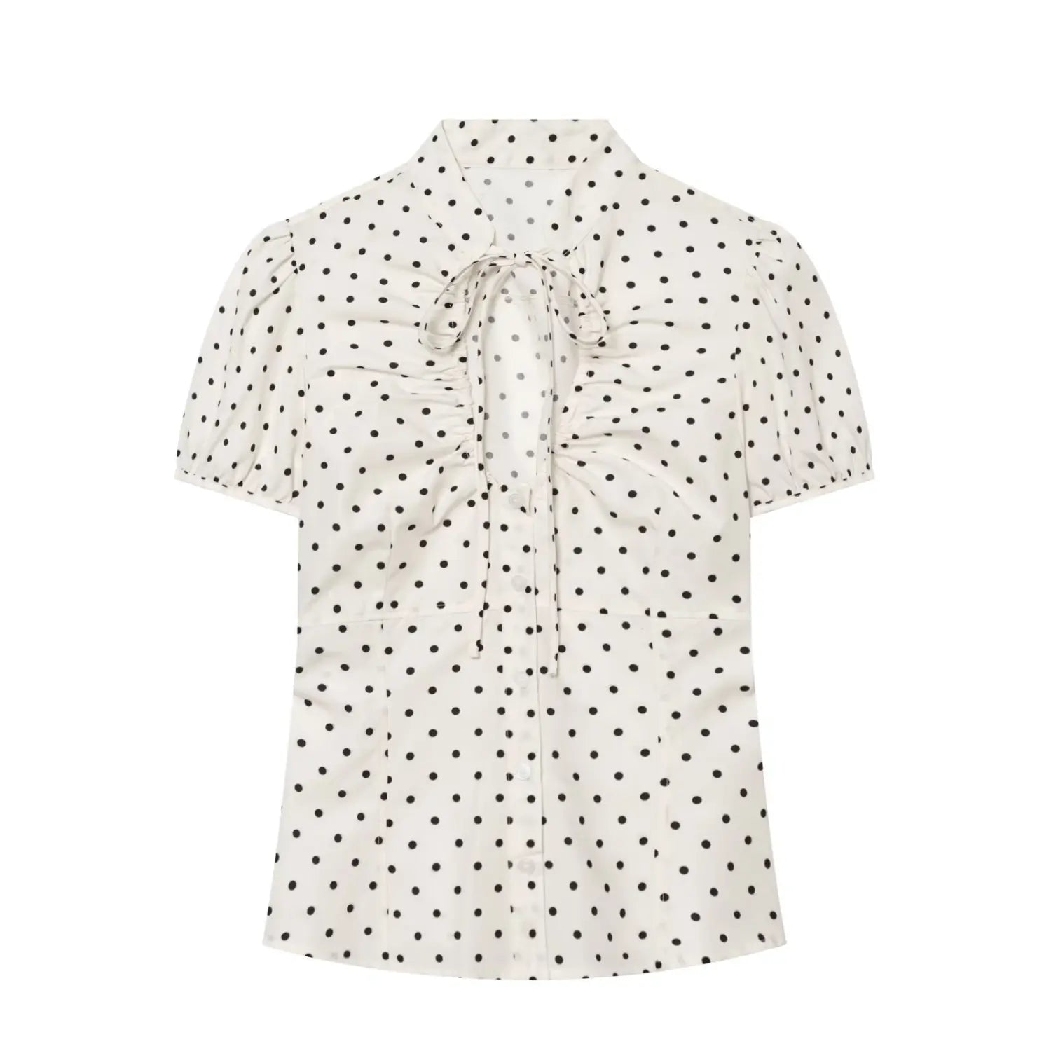 Complete front flat shot off white black polka dot blouse, tie v neck, bust ruched, puff short sleeve, slim tailored fit