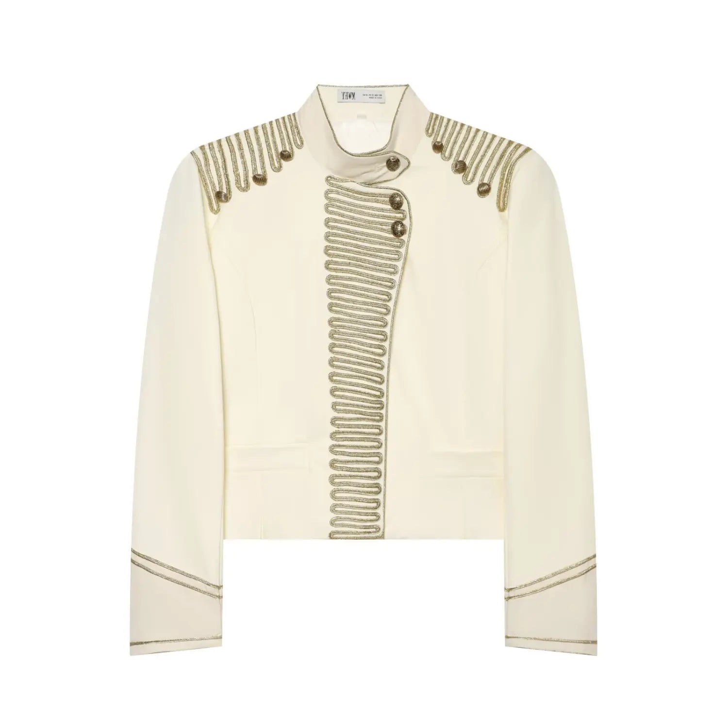 Women off white cropped jacket with gold braided embroidery, stand collar long sleeve tailored blazer front view
