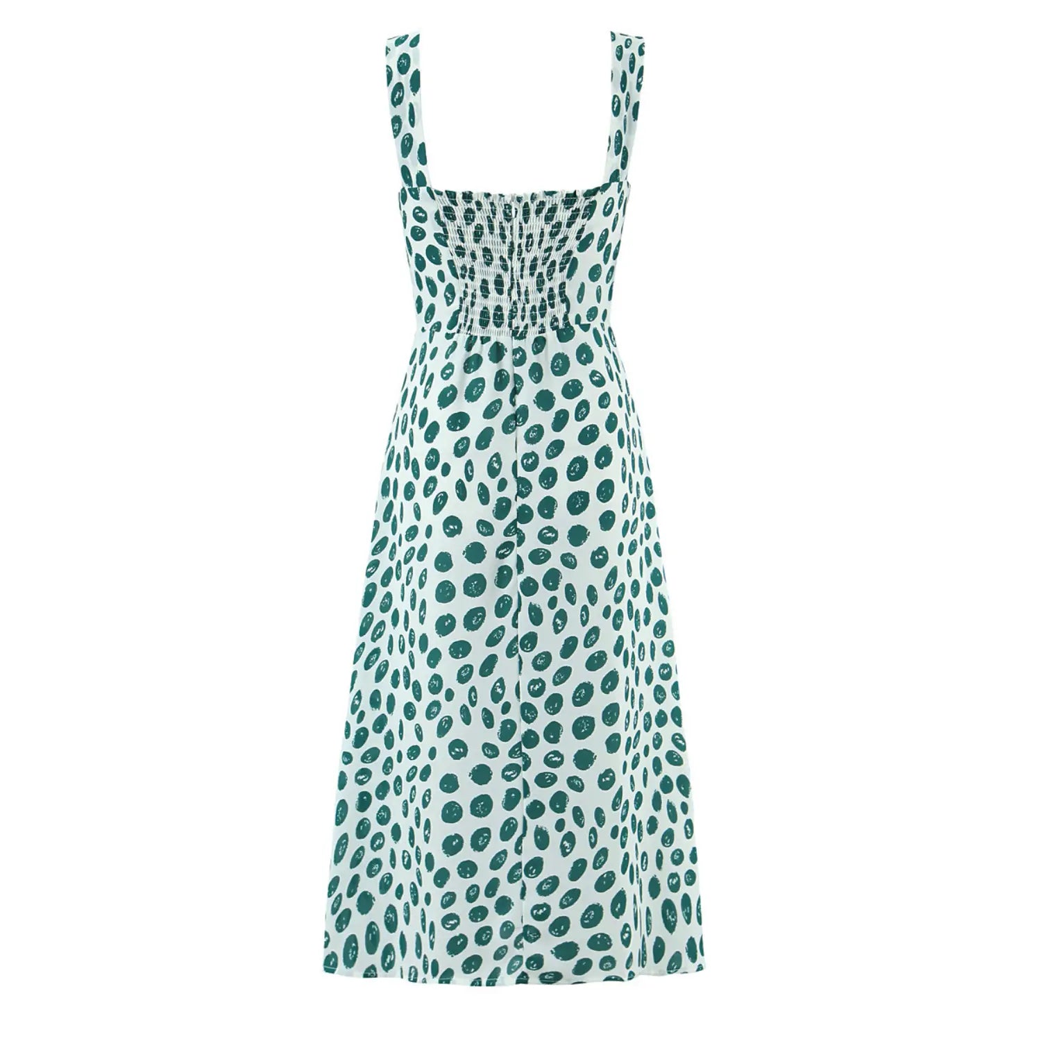Full back flat lay midi slip dress, wide printed shoulder straps, full stretch smocked back panel, loose A-line skirt with side slit, all-over dark green uneven brush dot print, full white lining