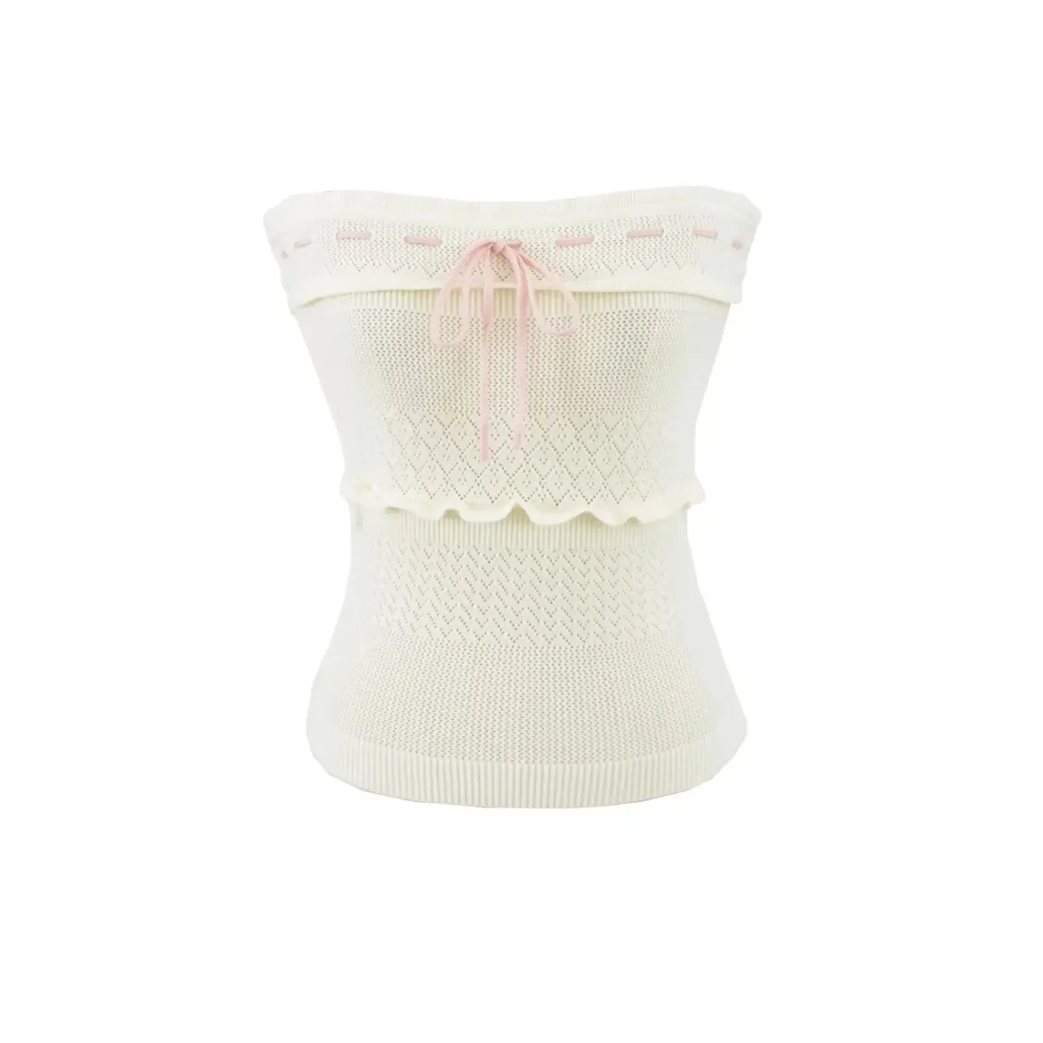 Front product shot off white strapless knit tube top, fold-over bust band, scalloped ruffle trim, contrast pink front drawstring, slim cropped fit