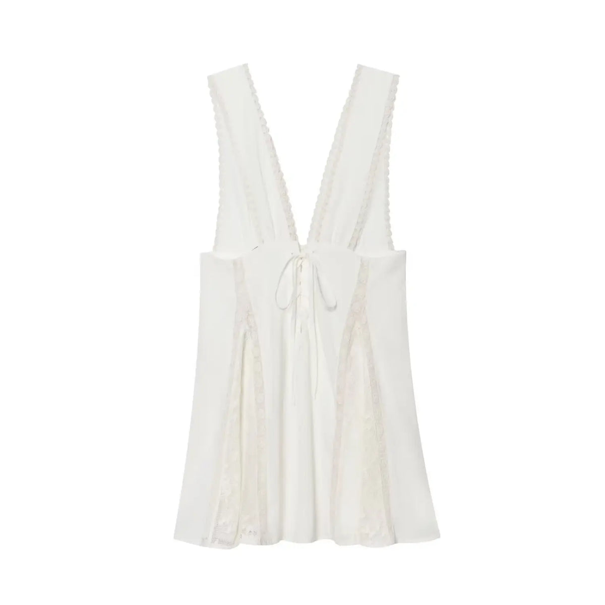 Back view off‑white lace mini dress, corset lace‑up back, delicate vintage lace detailing