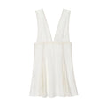 Front view off‑white lace trim mini dress, deep v neck sleeveless short dress with floral lace panel