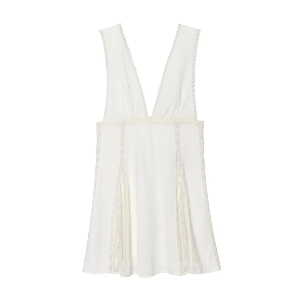 Front view off‑white lace trim mini dress, deep v neck sleeveless short dress with floral lace panel