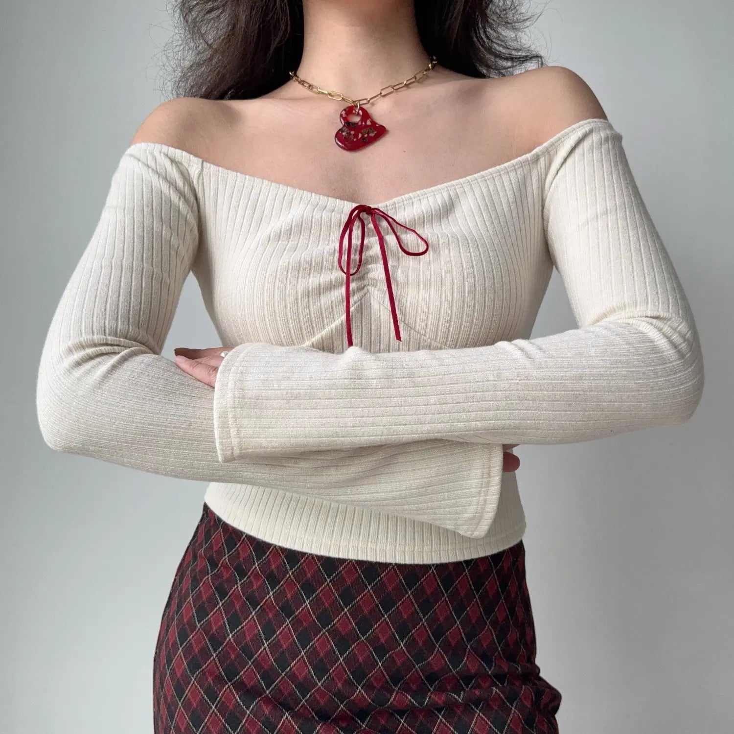 Off white ribbed off shoulder long flare sleeve cropped top, red satin tie ruched bust vintage women slim knit top