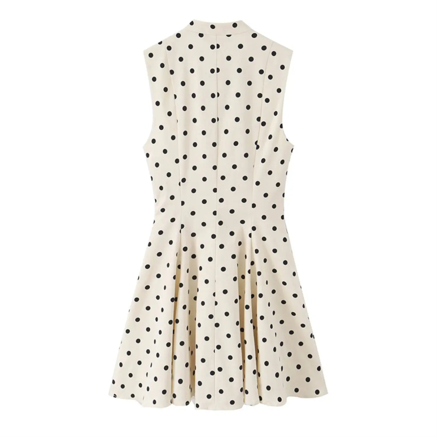 Full back flat lay of cream polka dot sleeveless dress, stand back collar, vertical center back seam, tailored waist gathers, full flared mini skirt, evenly distributed black round polka dots