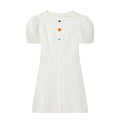 Full front view on white background of the off-white puff sleeve mini dress with colorful buttons