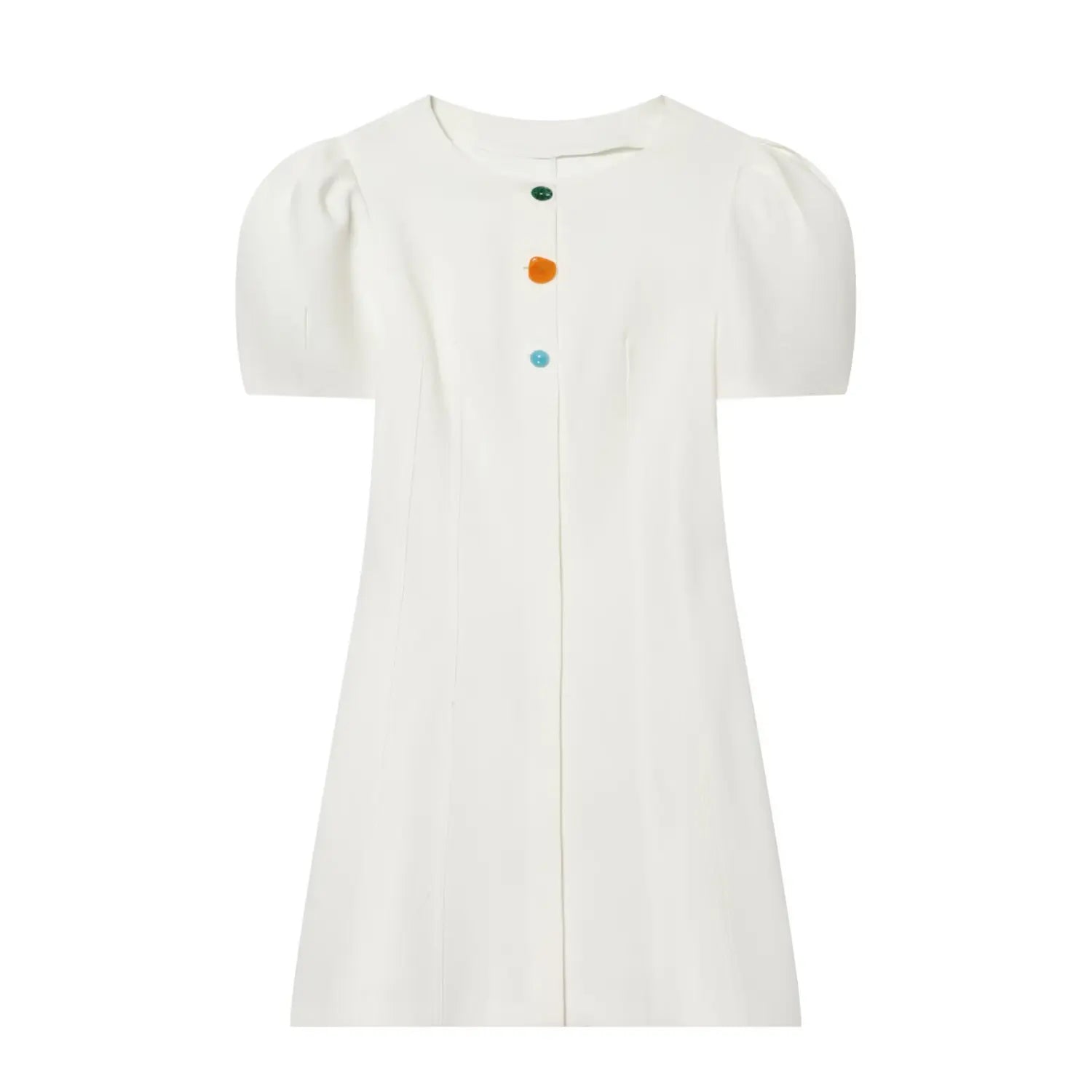 Full front view on white background of the off-white puff sleeve mini dress with colorful buttons