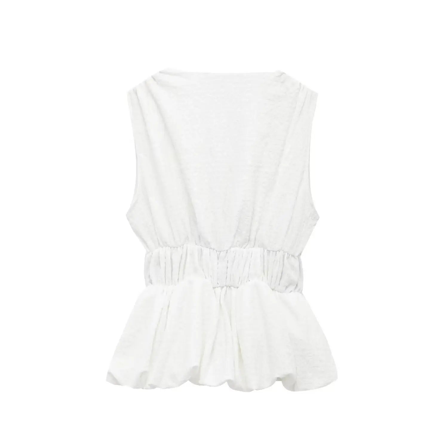 Full back view on white background of off-white crinkled bubble fabric sleeveless peplum top