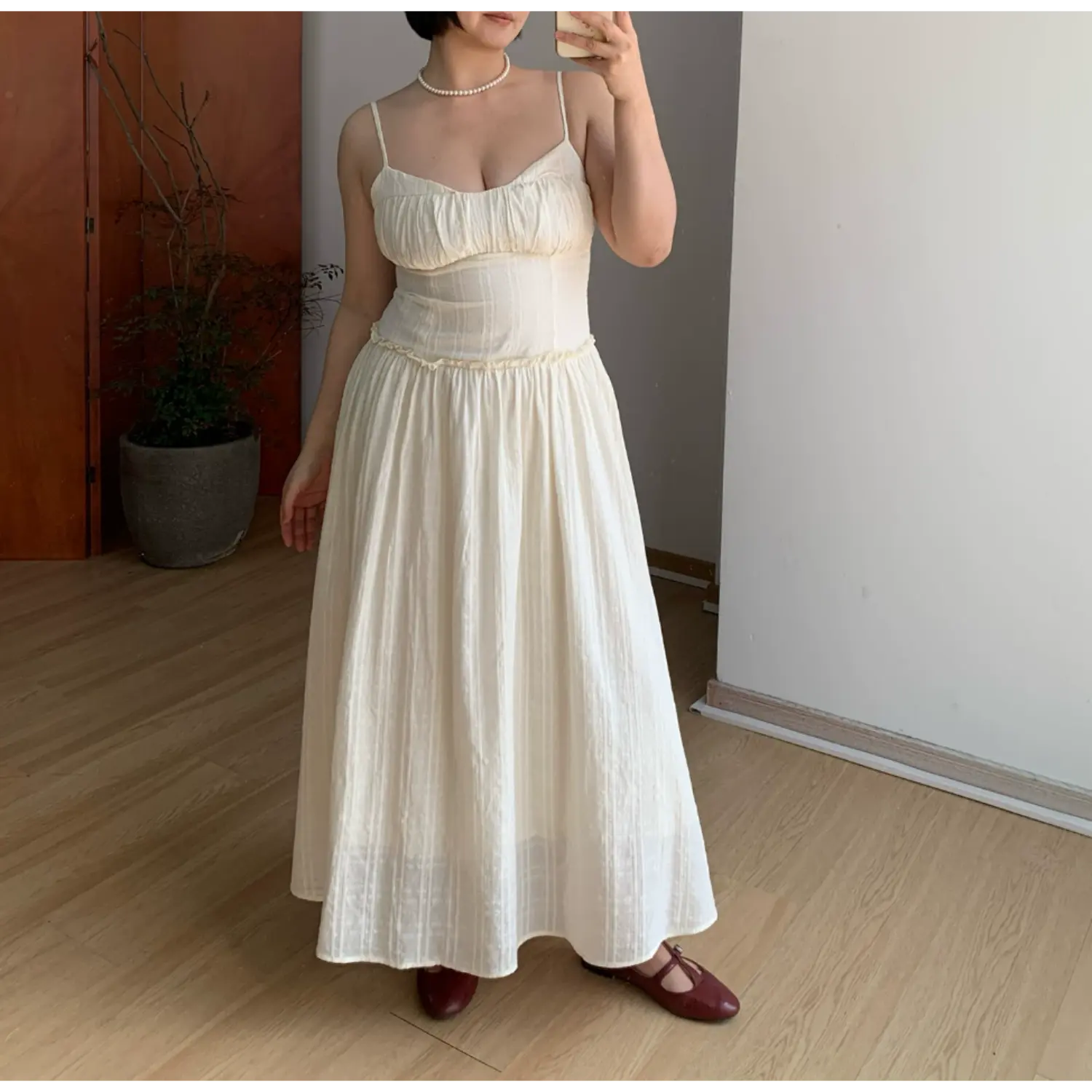 Plus Size Cream Textured Ruched Bust Tiered Maxi Slip Dress Ruffle Waist Sundress