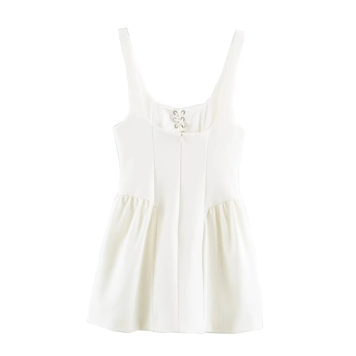 Back flat shot cream sleeveless mini dress, rear invisible zipper, eyelet lace-up decoration, flared short skirt