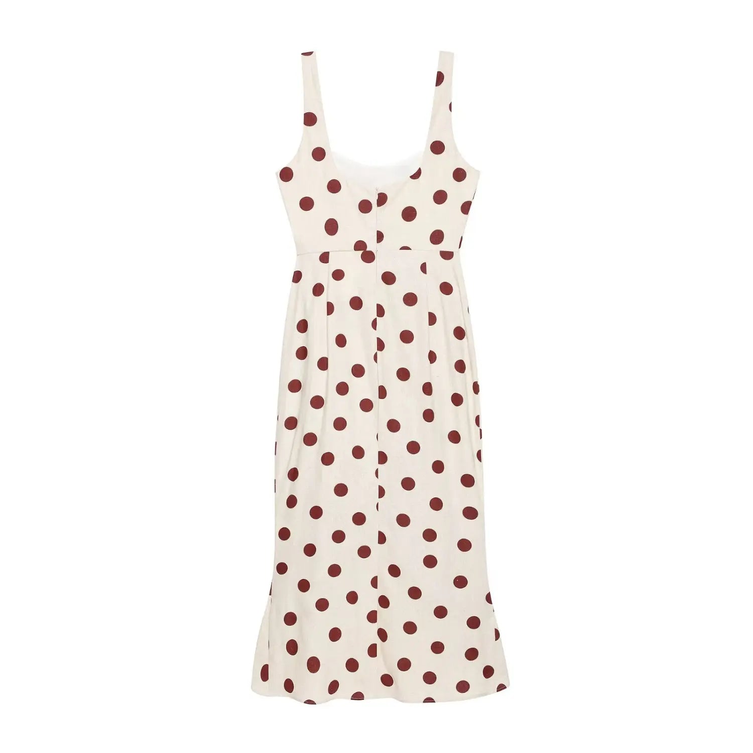 Back view isolated white background, off-white sleeveless polka dot midi dress with vertical center back zipper and ruffle hem