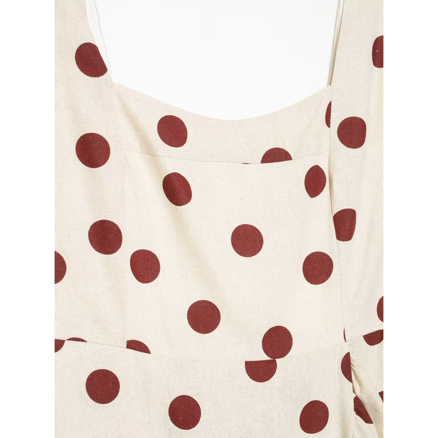 Macro close-up of square scoop neckline and fabric texture on polka dot cami midi dress