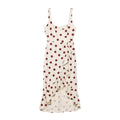 Front view isolated white background, off-white linen midi dress with wine red polka dots, square neck cami straps and asymmetrical ruffle wrap slit skirt