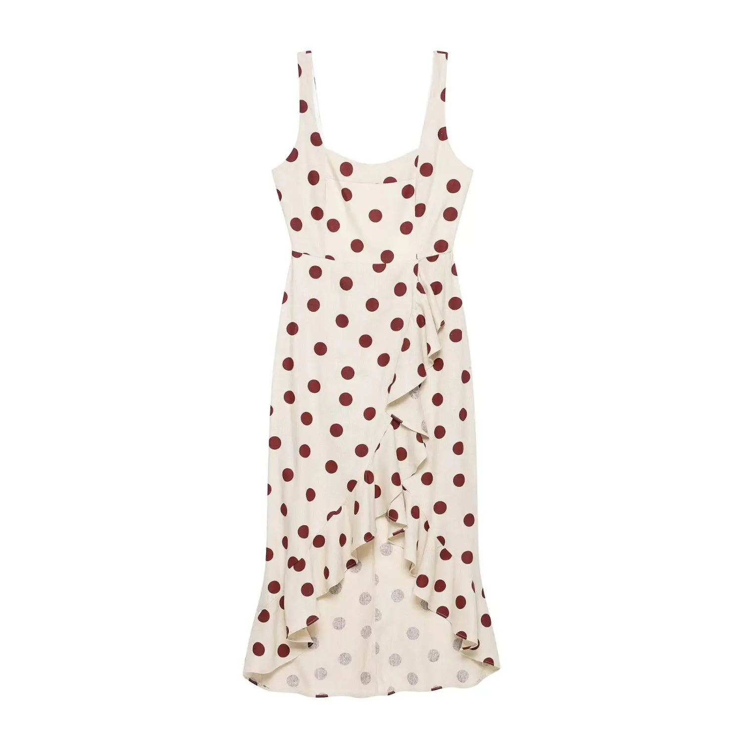 Front view isolated white background, off-white linen midi dress with wine red polka dots, square neck cami straps and asymmetrical ruffle wrap slit skirt
