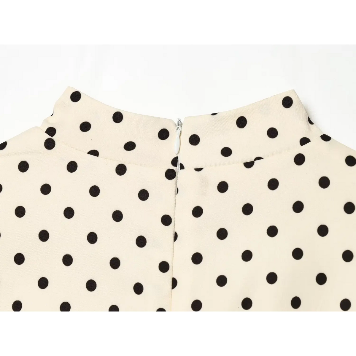 Off‑white black polka dot dress back collar close‑up,hidden center back zipper detail
