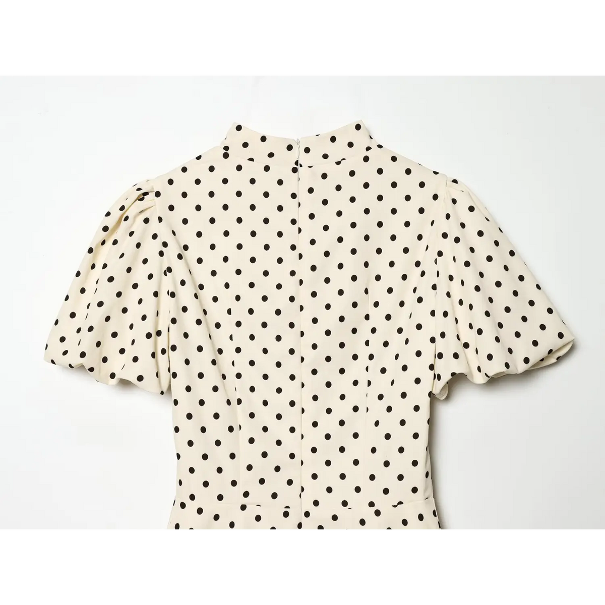 Off‑white black polka dot dress full back view,stand collar,puff short sleeve,center back zipper