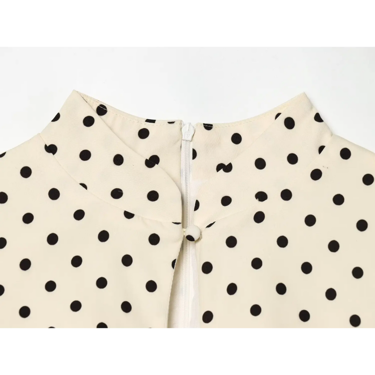 Off‑white black polka dot dress collar close‑up,stand collar,back concealed zipper