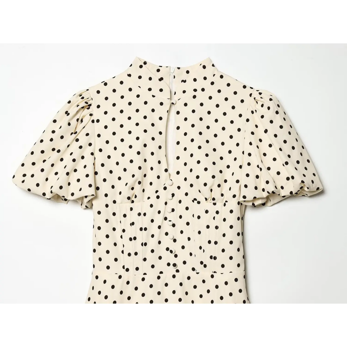 Off‑white black polka dot dress front view,stand collar,puff short sleeve,faux button bodice