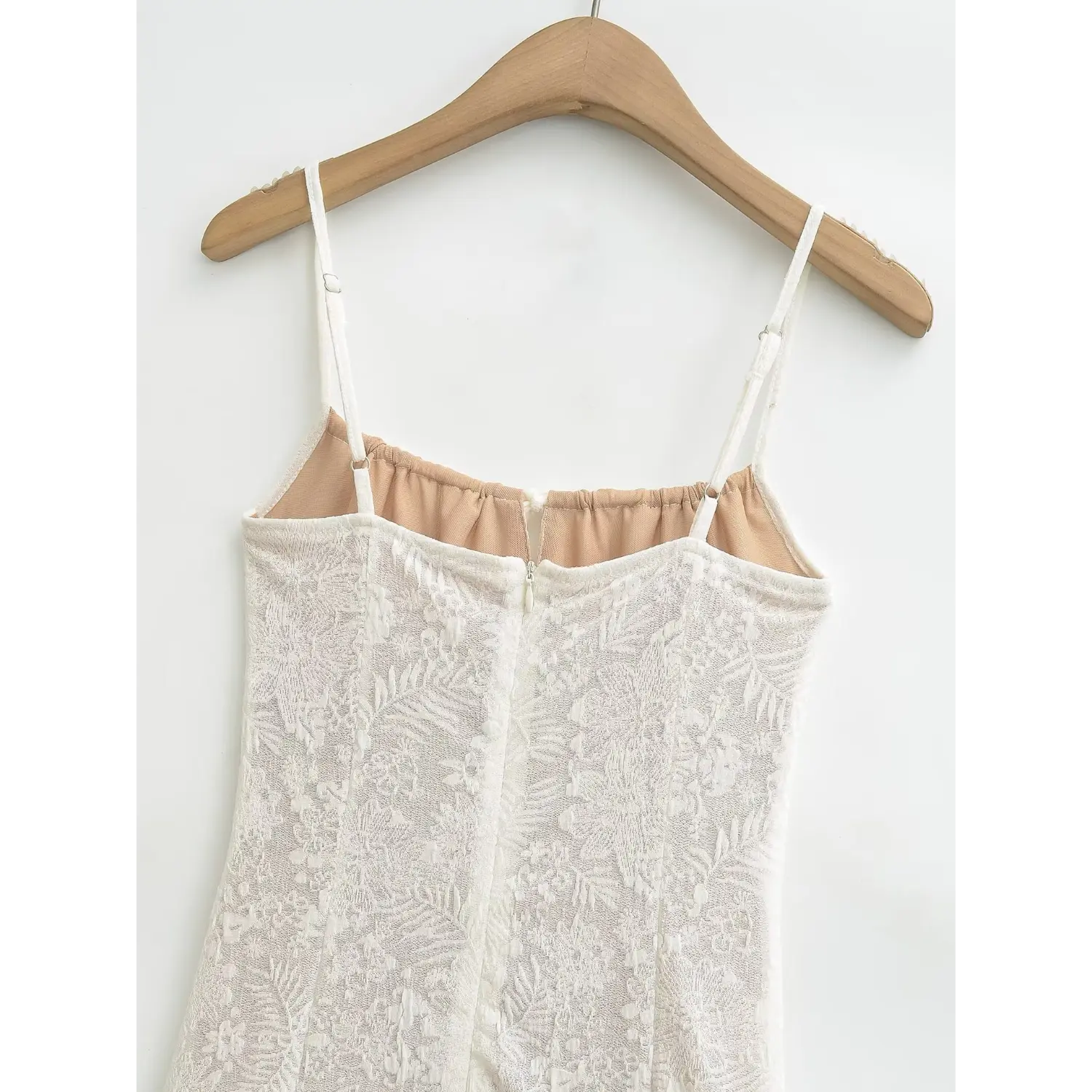 Back view detail of off white lace slip maxi dress with delicate lace trim
